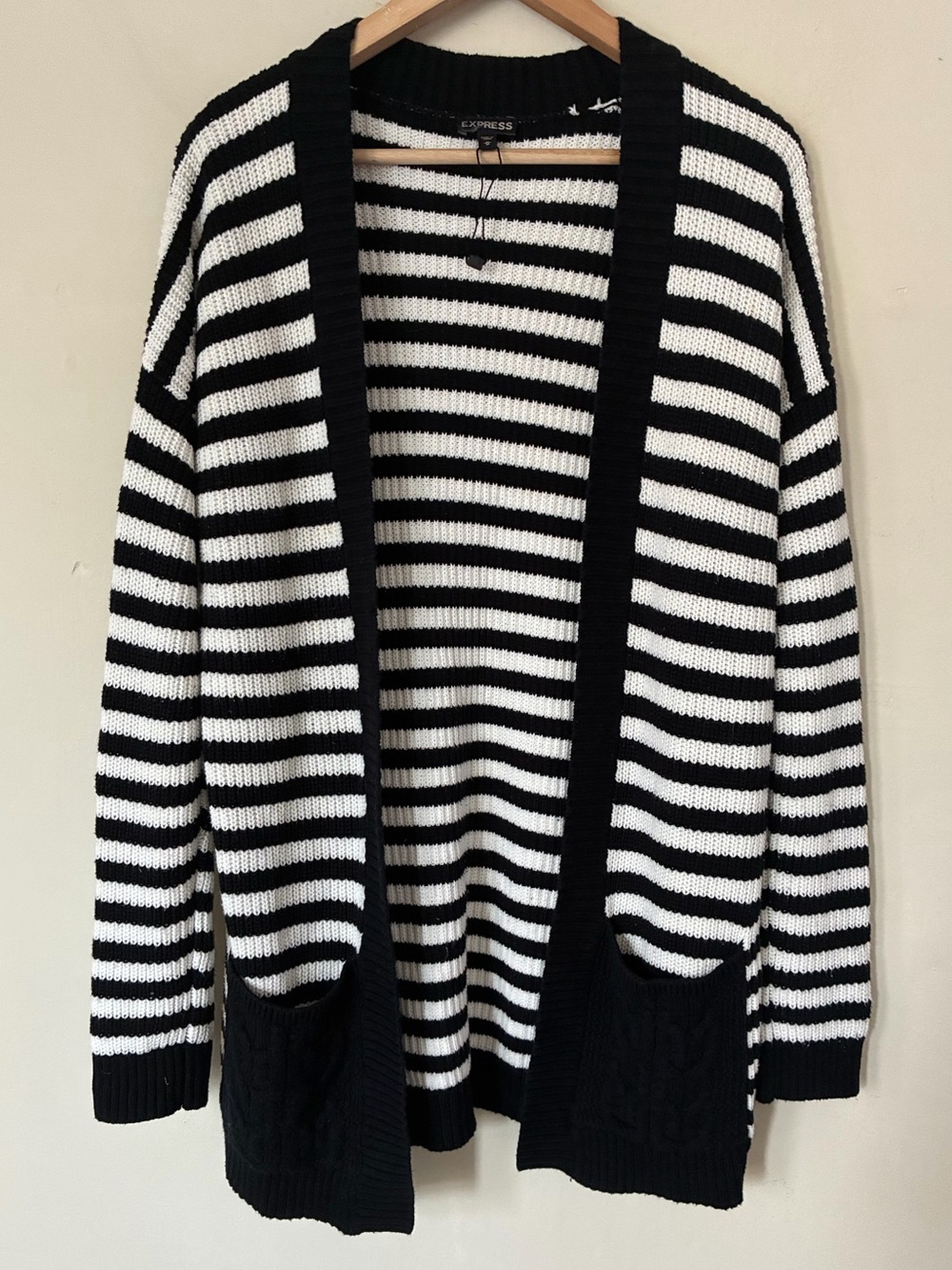 Express Womens Black White Striped Shaker Knit Open Front Cardigan Sweater M